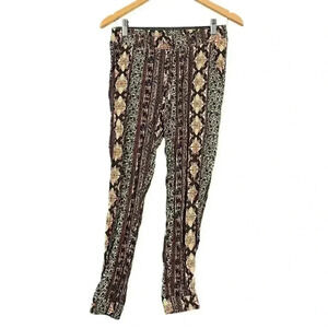 Brown Floral Casual Pants SMALL Pockets Elastic Waist Tribal Print Comfortable